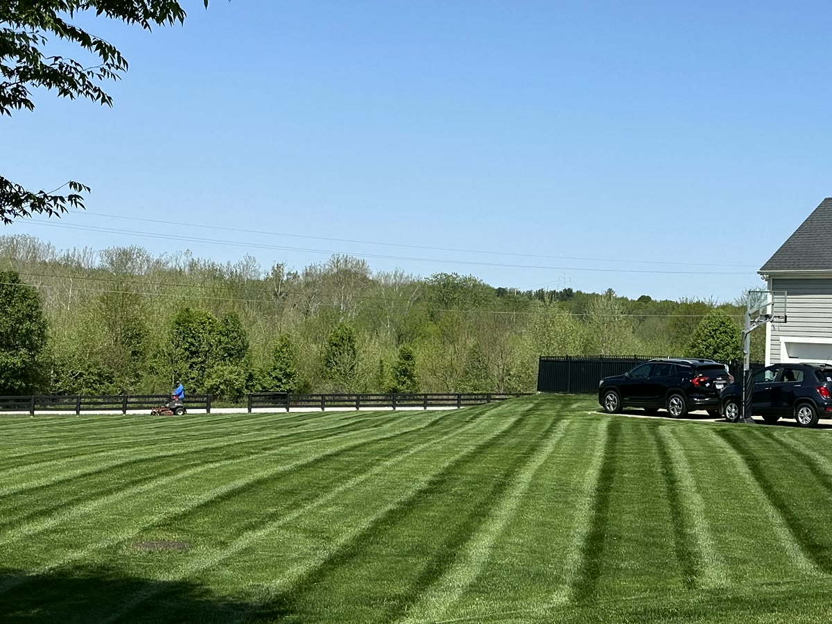 Striped lawn beside a home with a three-car garage